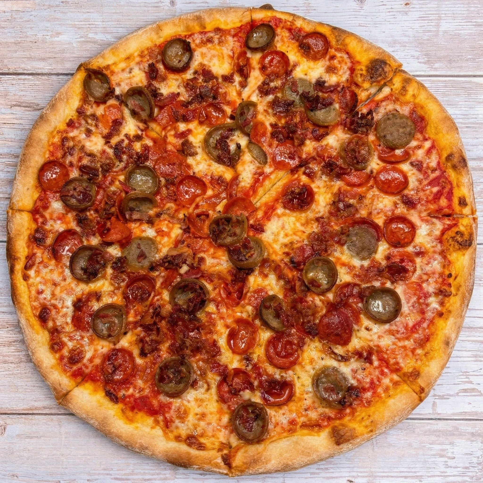 Mighty Meats Specialty Pizza.