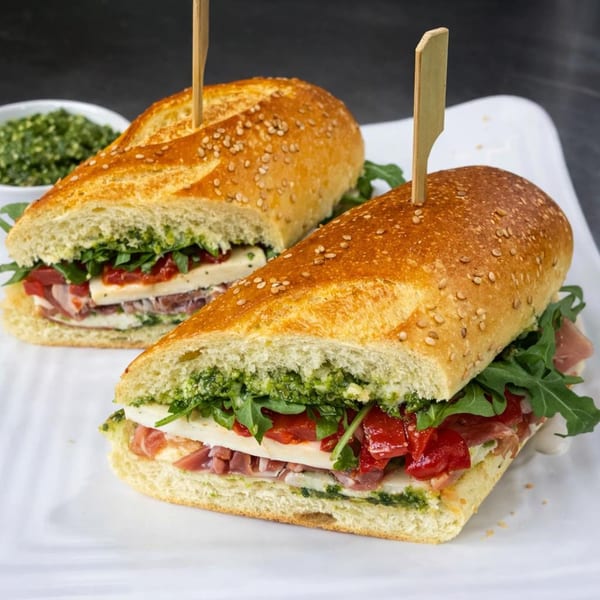 Two pesto, prosciutto, mozzarella, roasted red pepper, and arugula sandwiches on a white platter.